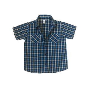 Short Sleeve Blue Grey Plaid Button Down Shirt