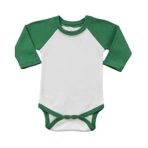 Polyester Long Sleeve Raglan Bodysuit-White/Kelly Green-3-6m