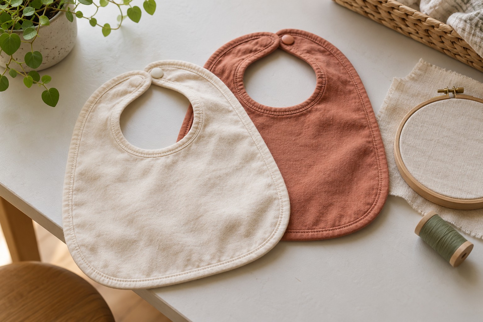 Ivory and terracotta baby bibs with an embroidery hoop and green thread on a pale tabletop.