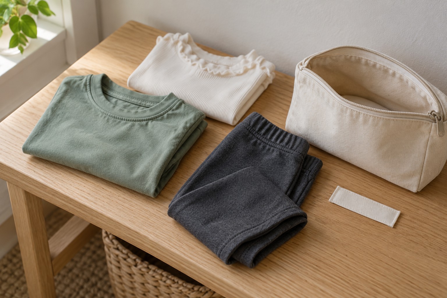 Folded sage toddler tee, charcoal leggings, and cream top beside an open washable pouch.