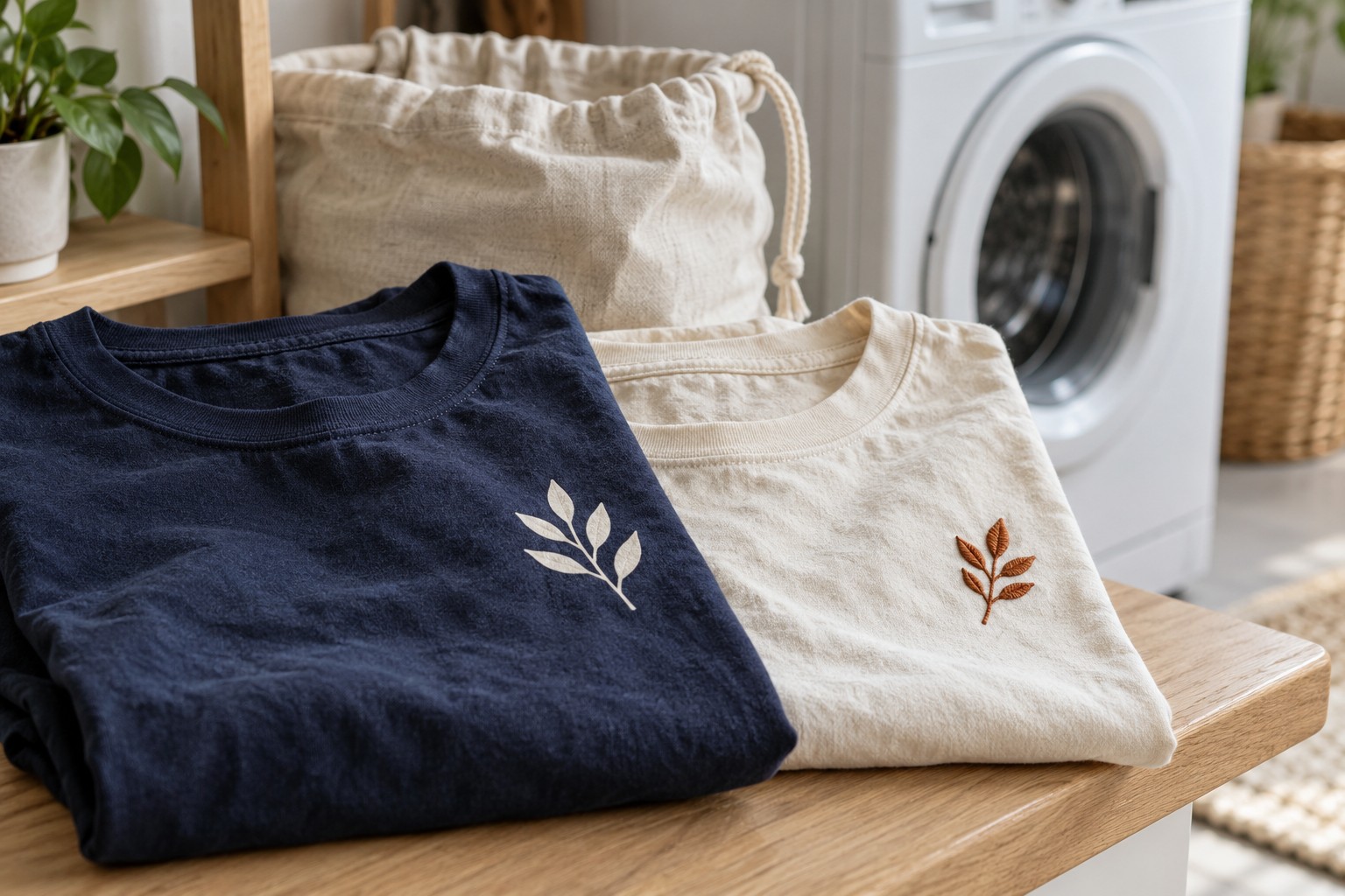 Printed navy and embroidered cream T-shirts beside a cotton laundry bag.