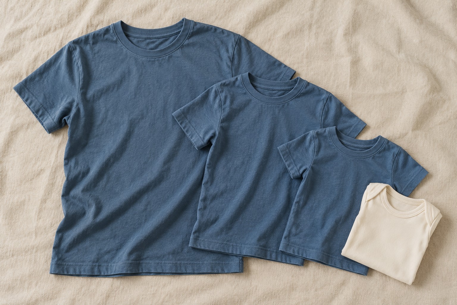 Muted blue adult, youth, and toddler T-shirts with a folded cream baby bodysuit.