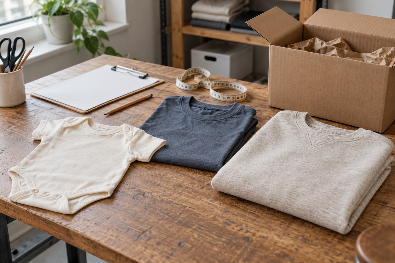 Baby bodysuit, youth tee, and sweatshirt samples on a small studio workbench.