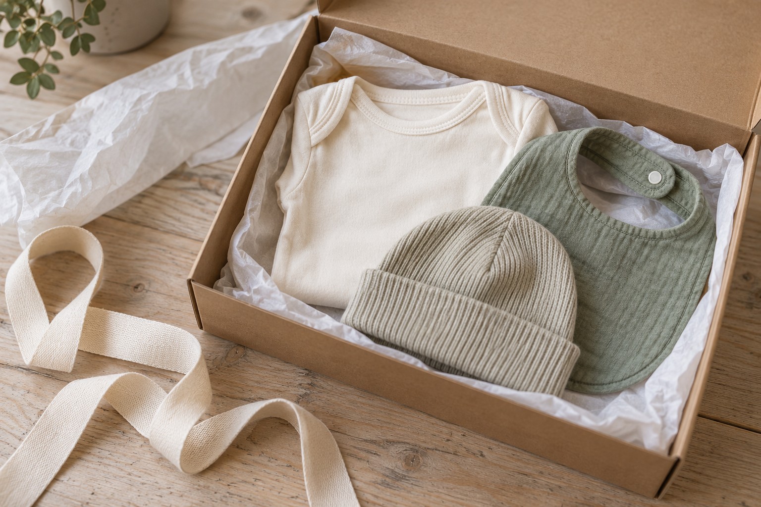 Cream baby bodysuit, sage bib, and knit cap arranged in a kraft gift box.