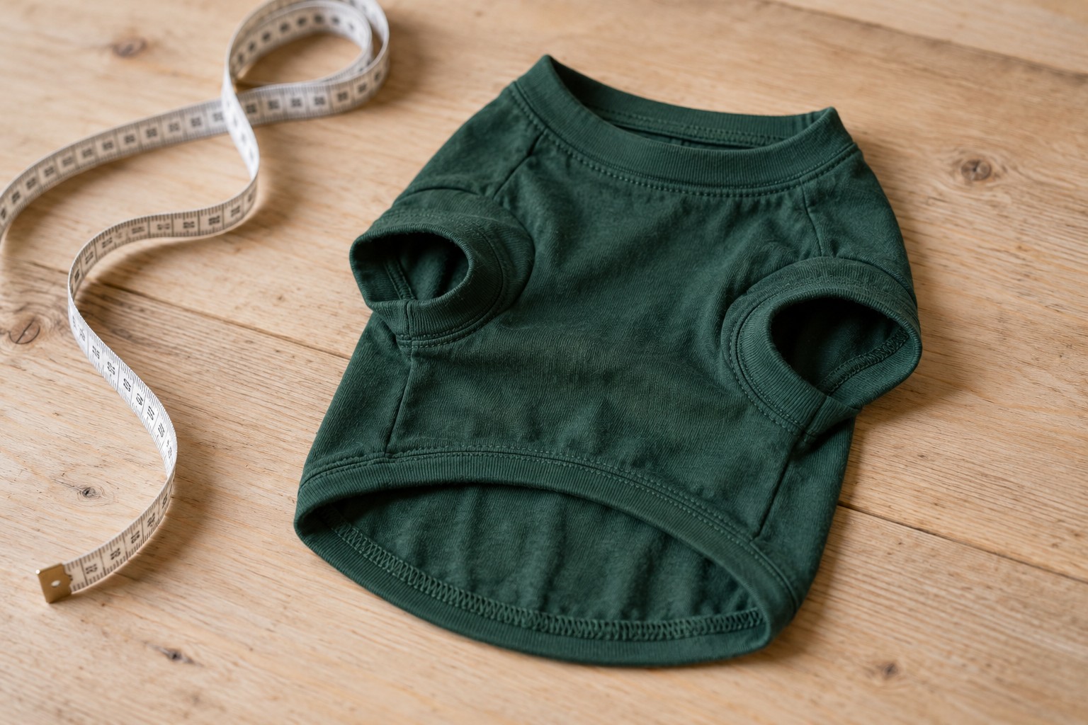 Forest-green blank dog shirt with leg openings and a shorter belly panel beside a measuring tape.