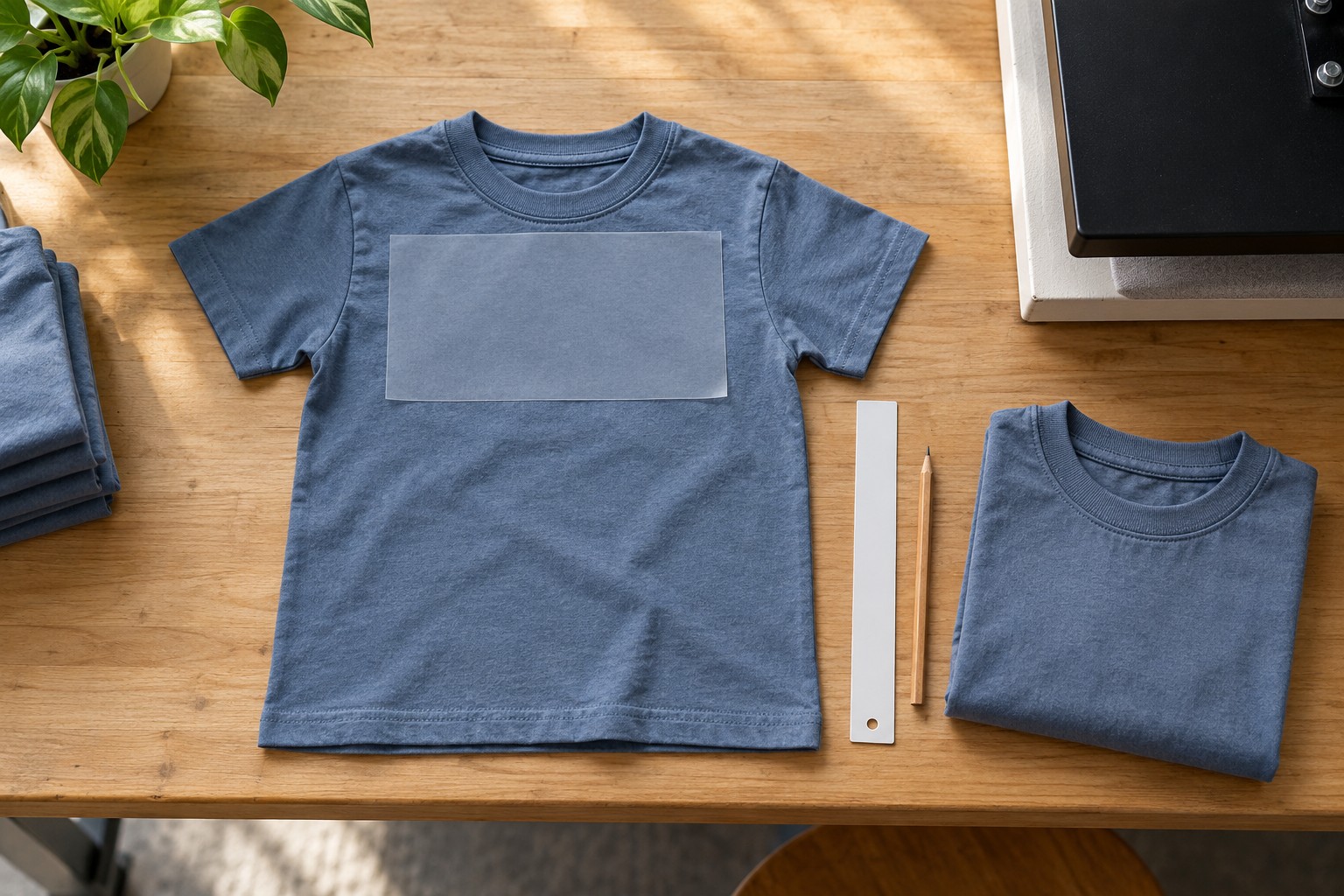 Slate-blue youth T-shirt with a translucent placement template beside a folded toddler tee.