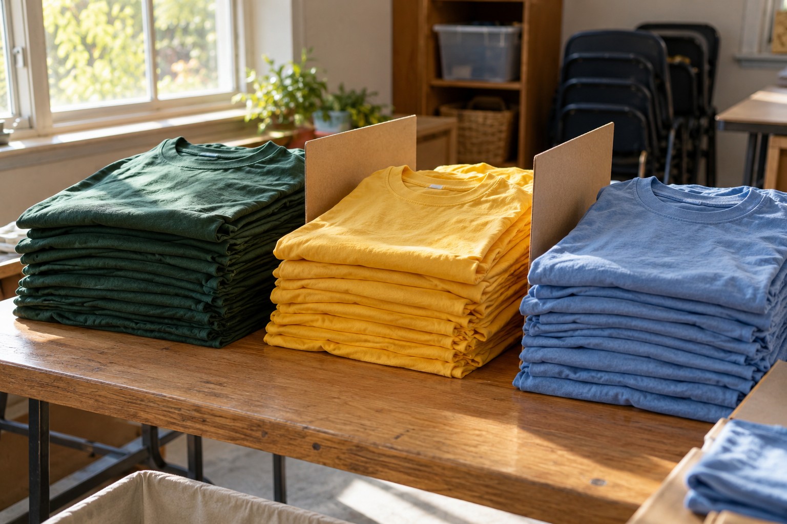 Stacks of green, yellow, and blue youth T-shirts on a community-room sorting table.